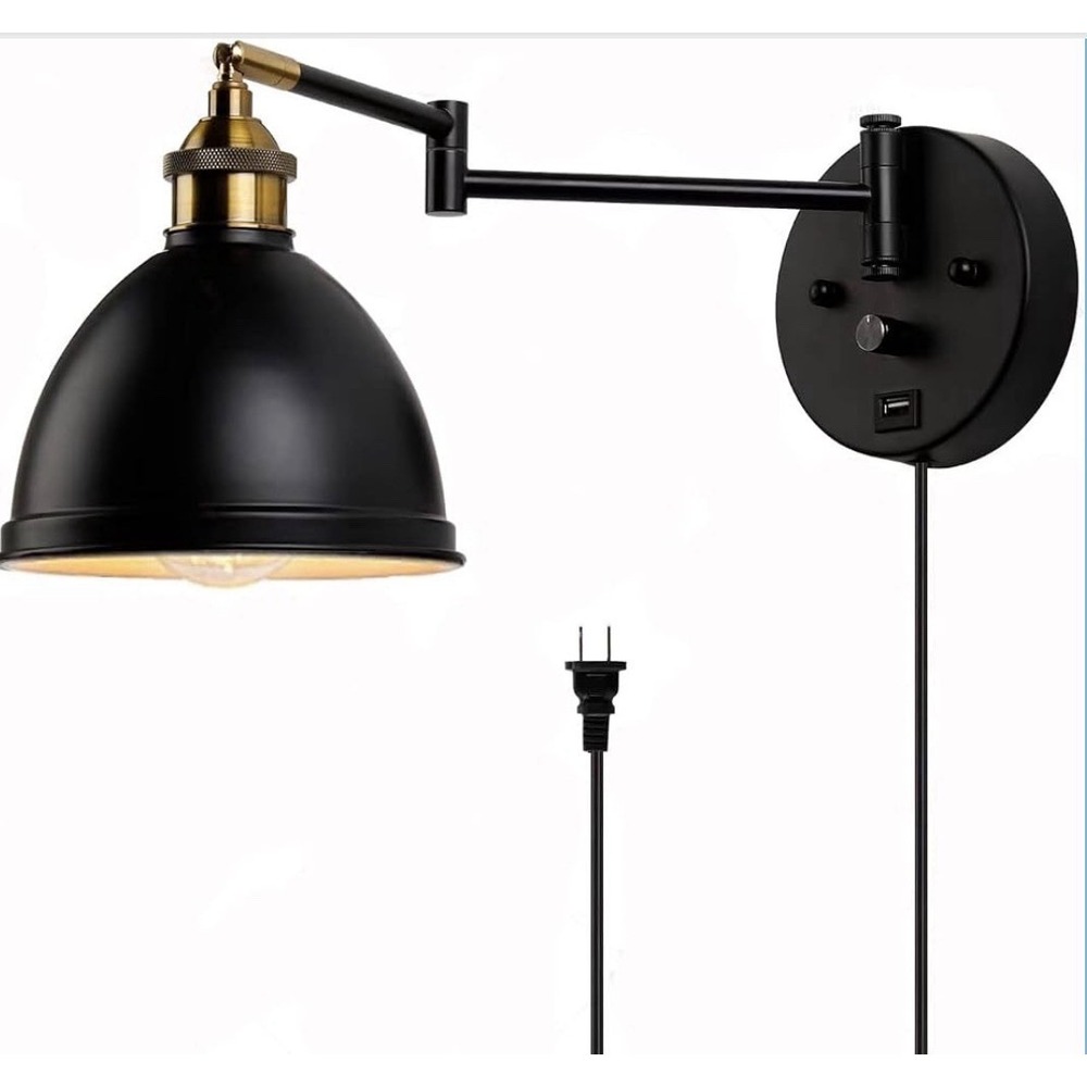 TRLIFE Dimmable Swing Arm Wall Light Plug-in or Hardwire Black USB Port Sconce